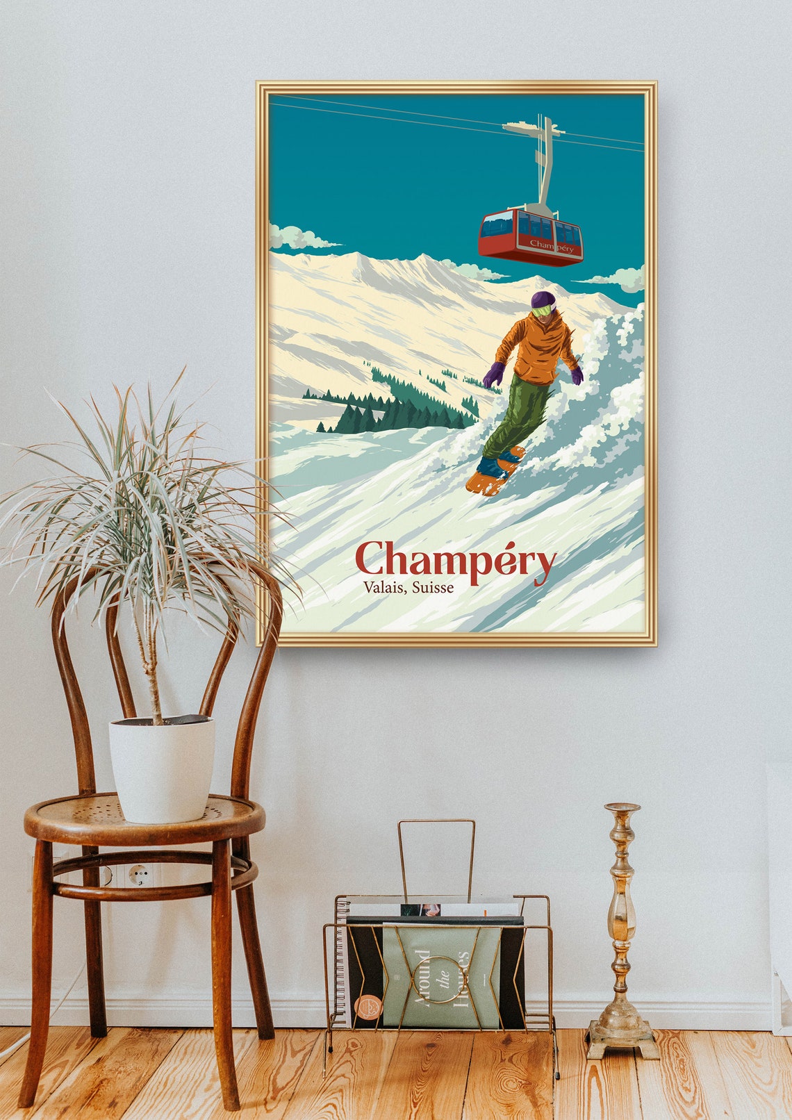 Champery Switzerland Snowboarder Cable Car Vintage Ski Poster - Image 2