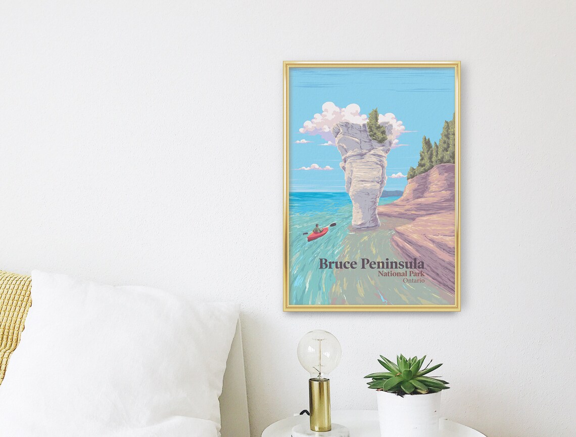 Bruce Peninsula Ontario Flowerpot Rock Kayak Vintage Travel Poster - Image 3