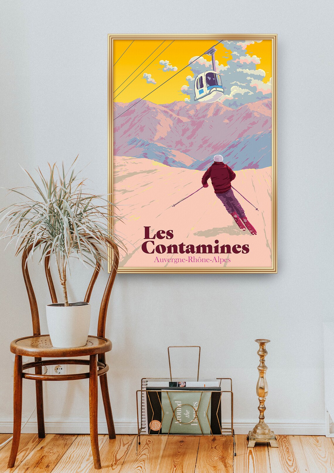 Les Contamines French Alps Golden Sky Vintage Ski Travel Poster - Image 2
