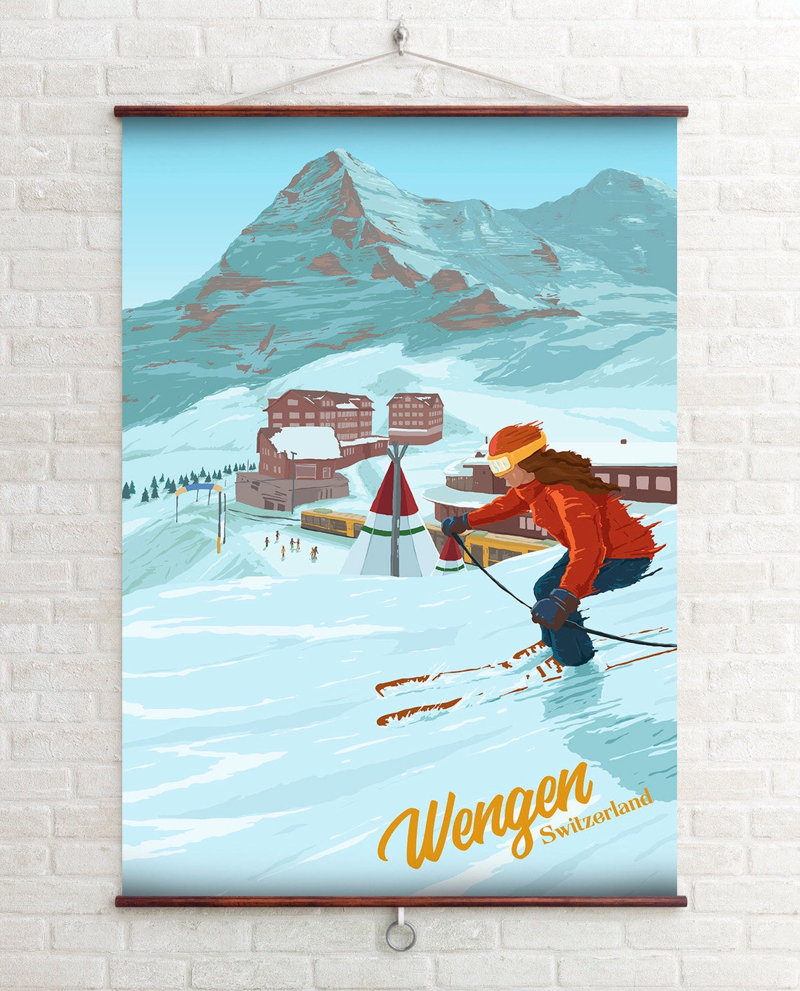 Wengen Switzerland Skier Eiger Alpine Village Retro Ski Travel Poster - Image 4