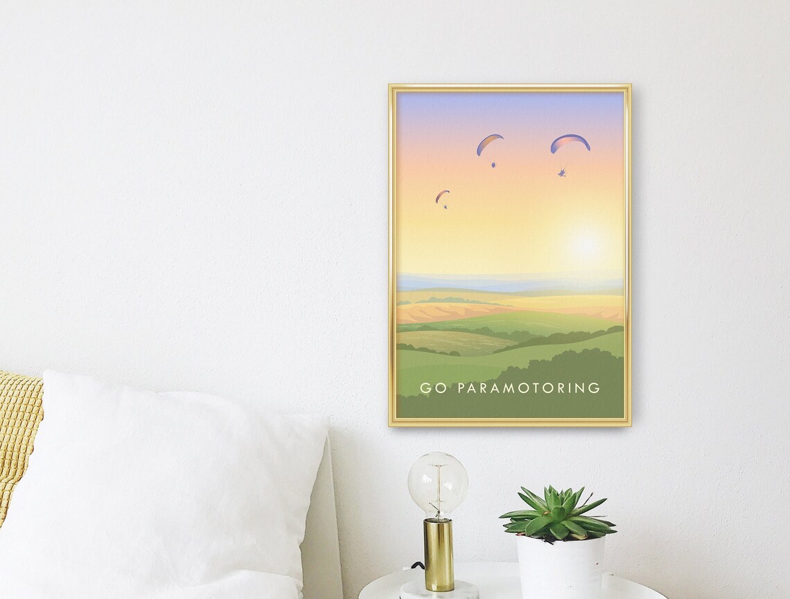 Go Paramotoring Sunset Sky Rolling Hills Retro Adventure Travel Poster - Image 3