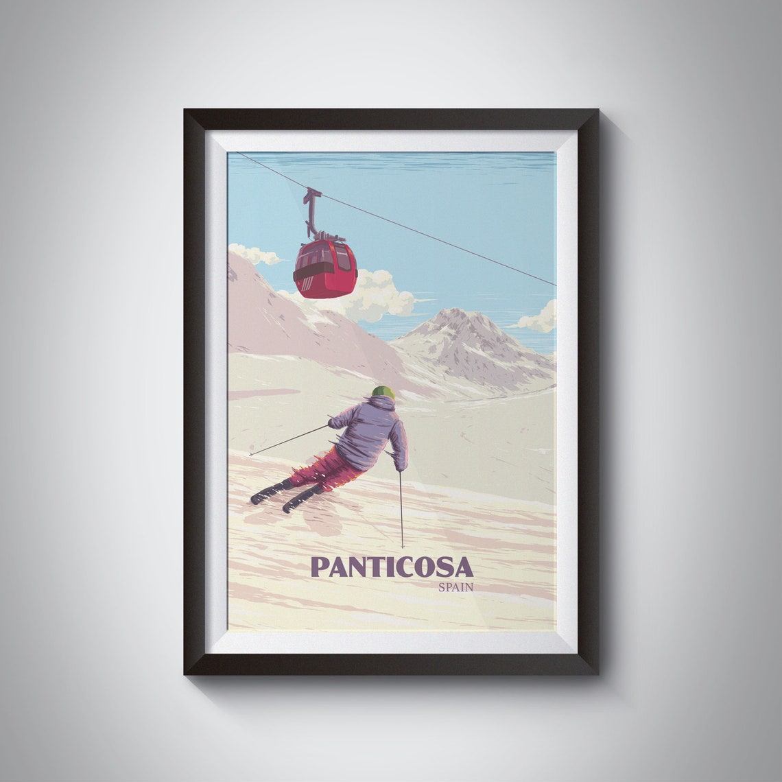 Panticosa Spain Ski Resort Skier Gondola Vintage Travel Poster