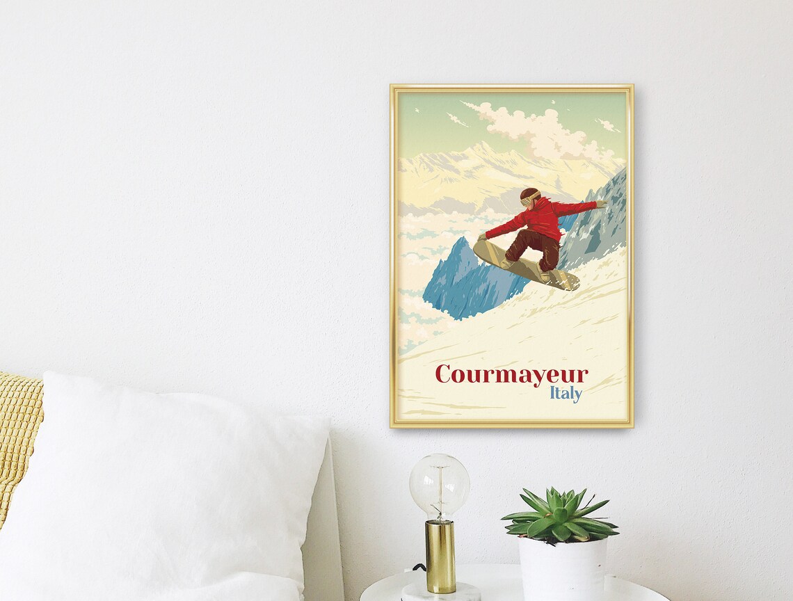 Courmayeur Italy Mont Blanc Vintage Snowboard Jump Travel Poster - Image 3