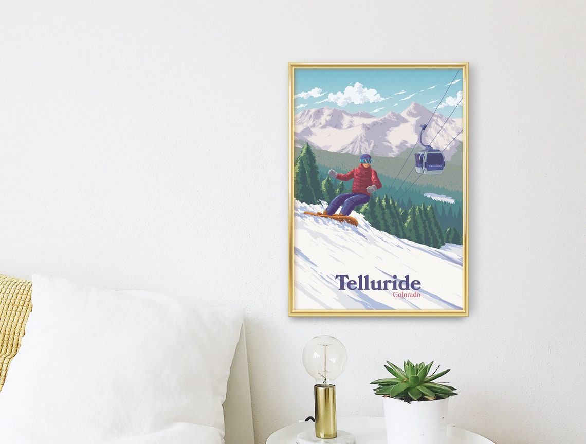 Telluride Colorado Snowboarder On Powder With Gondola View Poster - Image 3