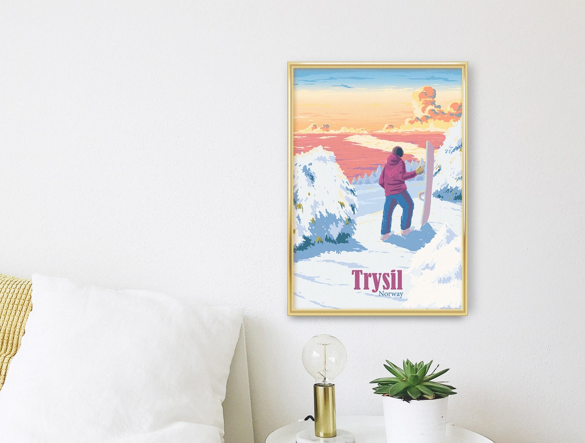 Trysil Norway Pink Sunset Snowboarder Winter Ski Resort Poster - Image 3