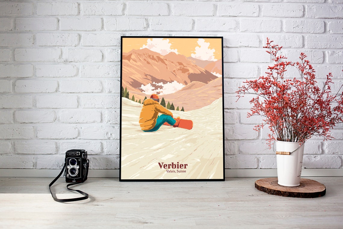 Verbier Switzerland Snowboarder Powder Sunset Alpine Ski Resort Poster - Image 3