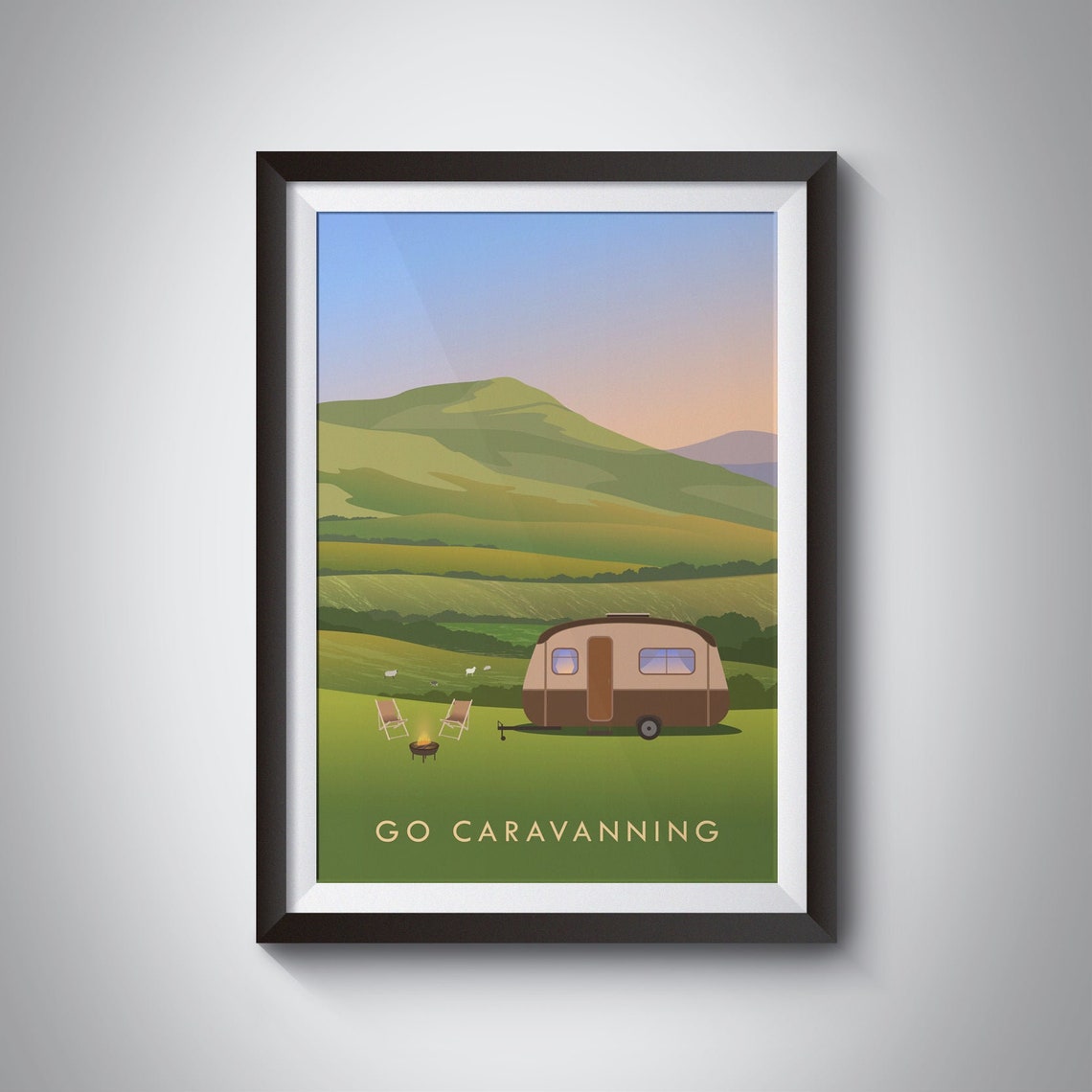Go Caravanning Countryside Sunset Campfire Retro Outdoor Travel Poster
