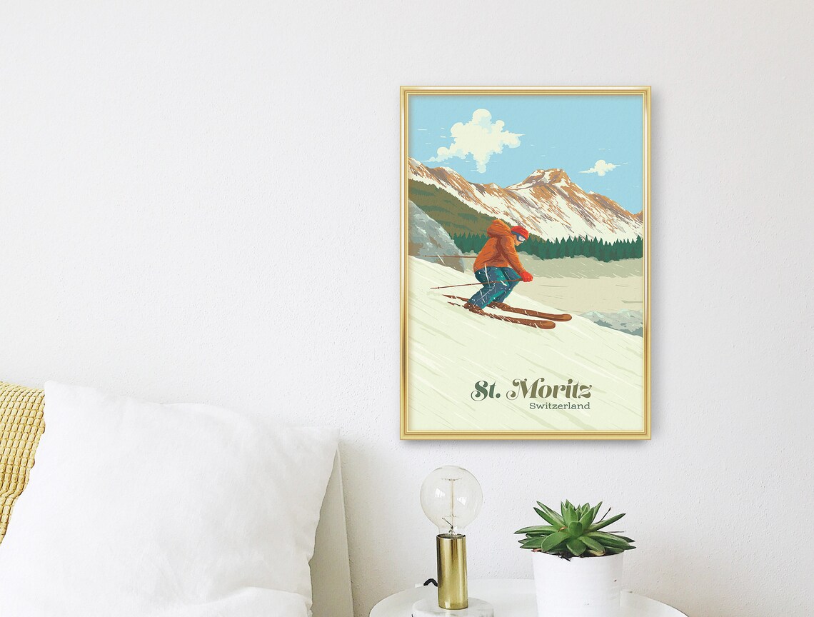 St Moritz Ski Resort Vintage Travel Poster, Switzerland - Image 3