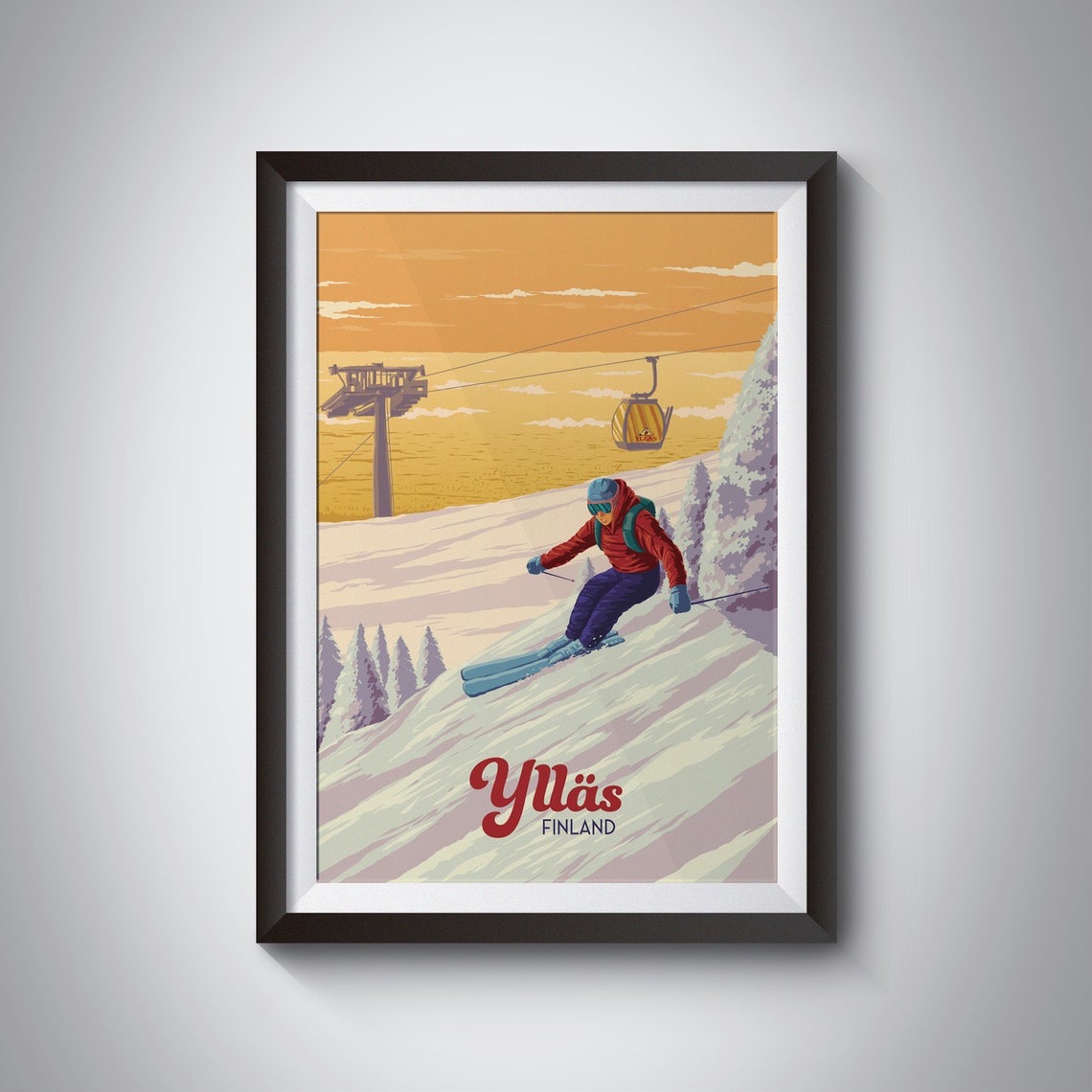Ylläs Finland Lapland Skier Golden Sunset Slope Vintage Ski Poster