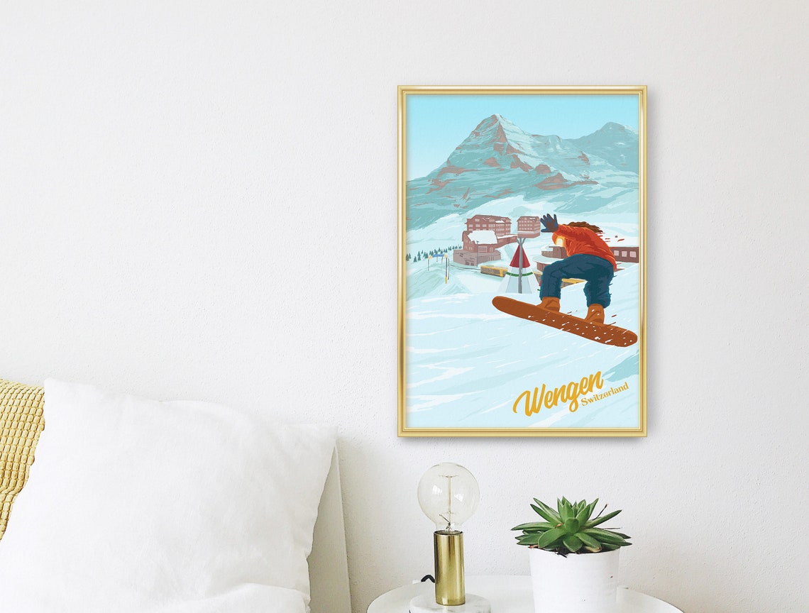 Wengen Switzerland Snowboarder With the Eiger in the Backdrop Poster - Image 3