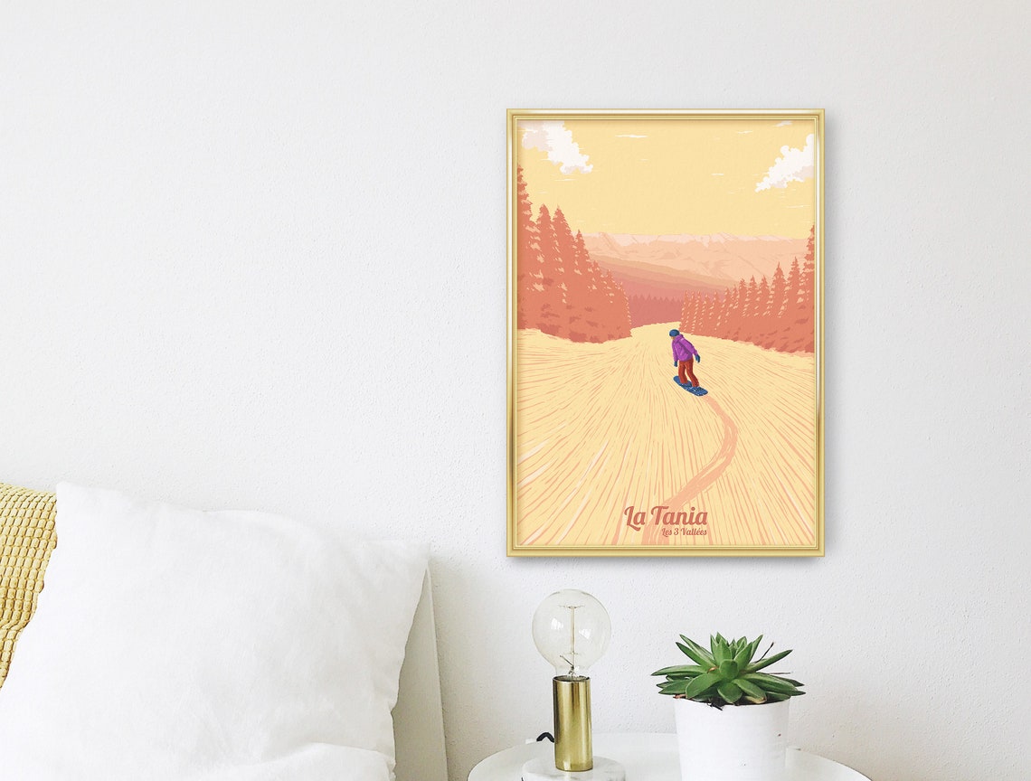 La Tania Les 3 Vallees Snowboarder on a Golden Sunset Slope Poster - Image 3