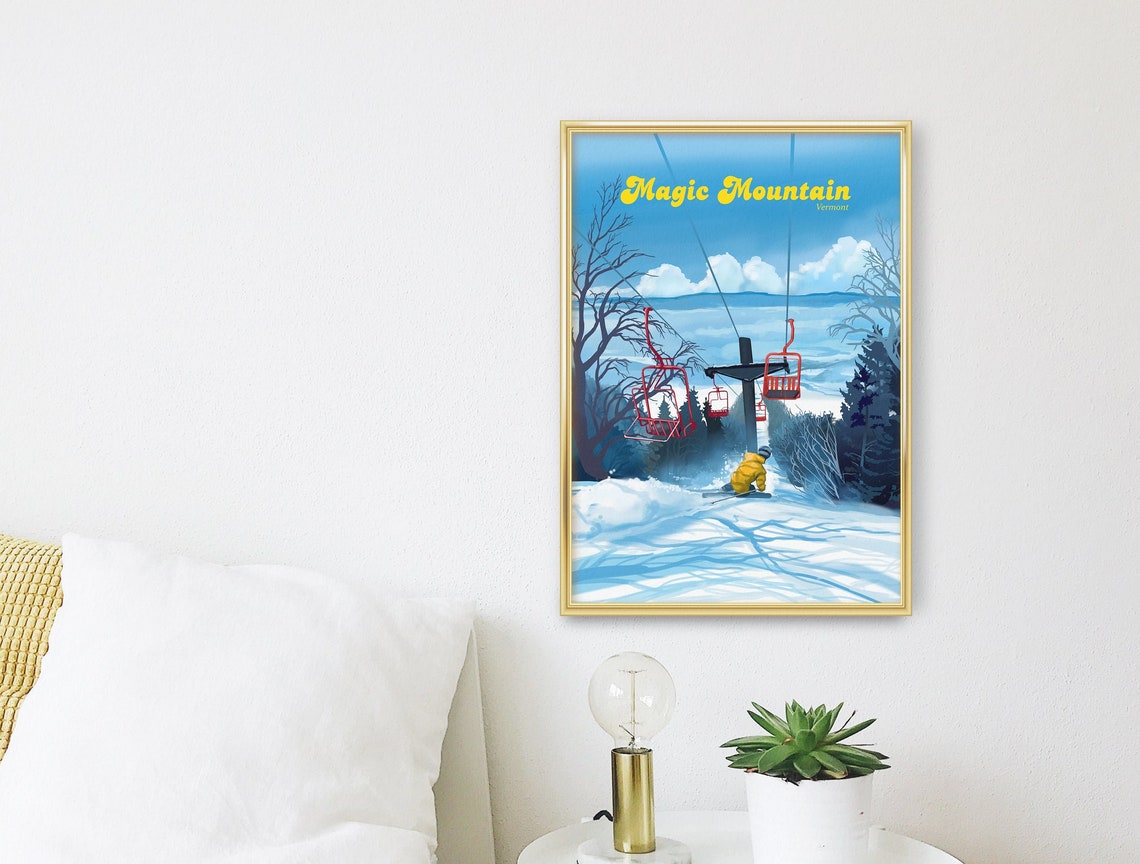 Magic Mountain Vermont Red Chairs Skier Vintage Ski Resort Poster - Image 3