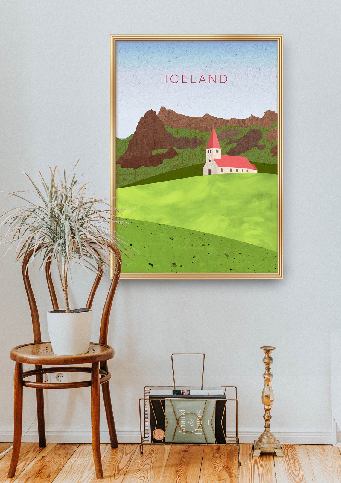 Iceland Red Roofed Church Green Valley Volcanic Peaks Poster - Image 2
