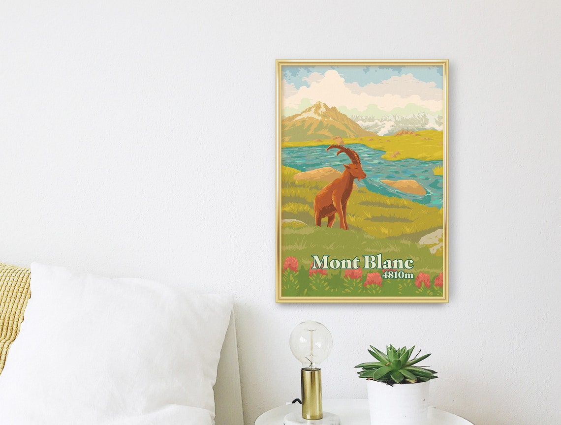 Mont Blanc Travel Poster French Alps Print France Art Italy Mountain Chamonix Tour Du Mont Blanc Rock Climbing Ibex Hiking Europe - Image 2