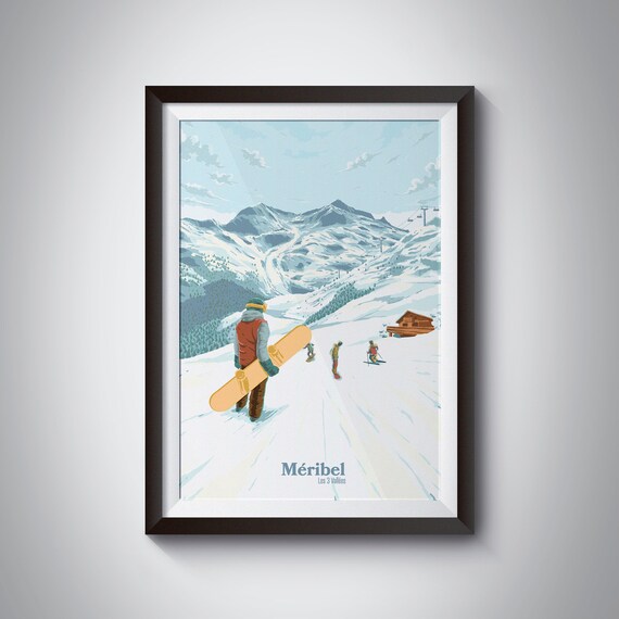 Meribel Snowboarding Poster, Vintage French Alps Art Print