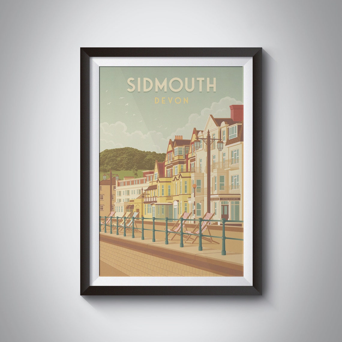 Sidmouth Devon Seaside Promenade Deckchairs Retro Holiday Poster
