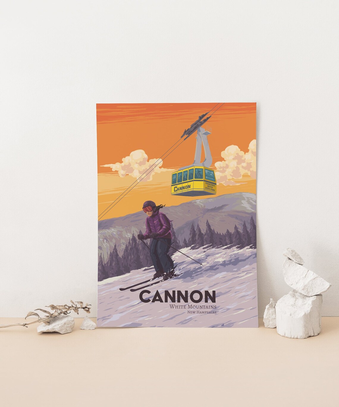 Cannon New Hampshire Yellow Tram Sunset Ski Vintage Travel Poster - Image 4