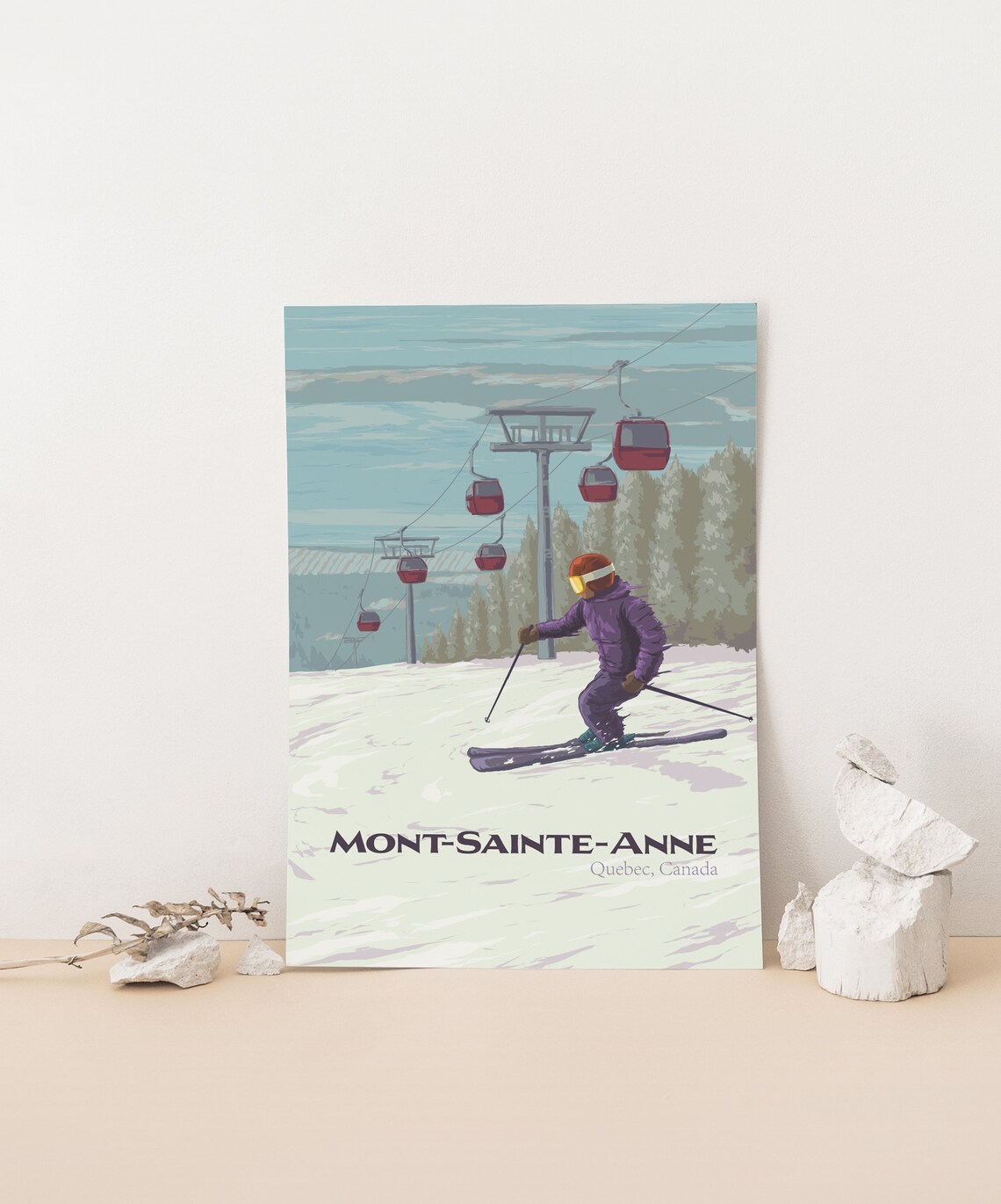 Mont Sainte Anne Quebec Canada Red Gondola Skier Retro Ski Travel Poster - Image 3