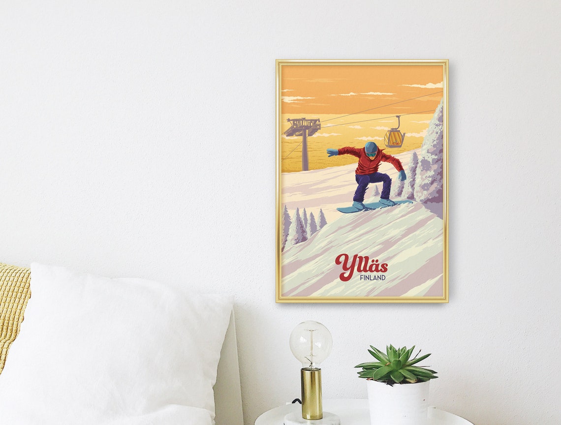 Yllas Finland Sunset Snowboarder Gondola Arctic Travel Poster - Image 3