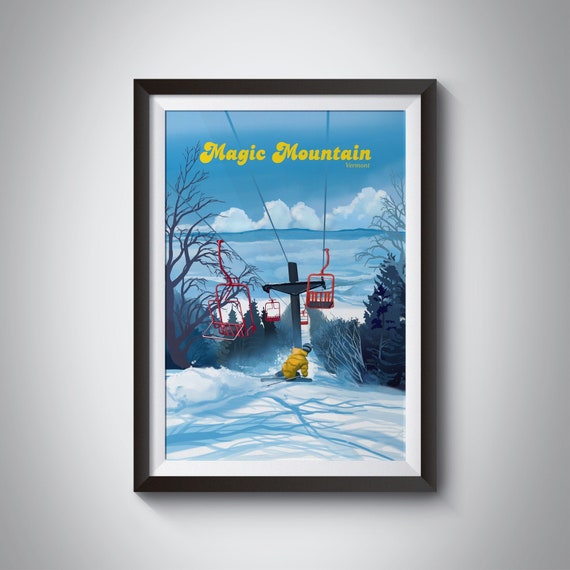 Magic Mountain Vermont Ski Resort Travel Poster Snowboarding Usa Ski Gift Glebe Mountain Stowe Stratton Bromley Vintage Print Framed