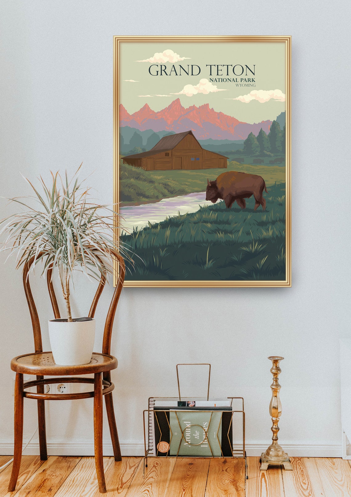 Grand Teton National Park Wyoming Bison Barn Meadow Sunset Poster - Image 2