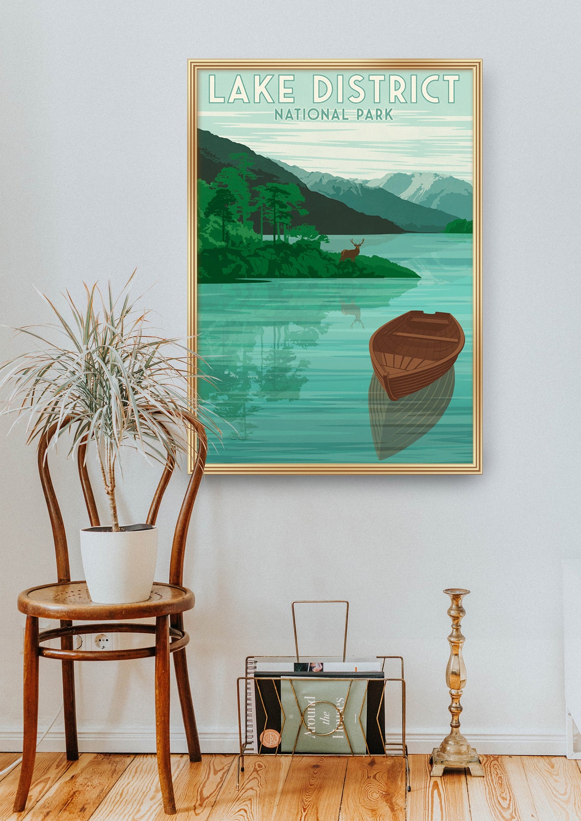 Lake District National Park Rowboat and Deer on Still Water Poster - Image 2