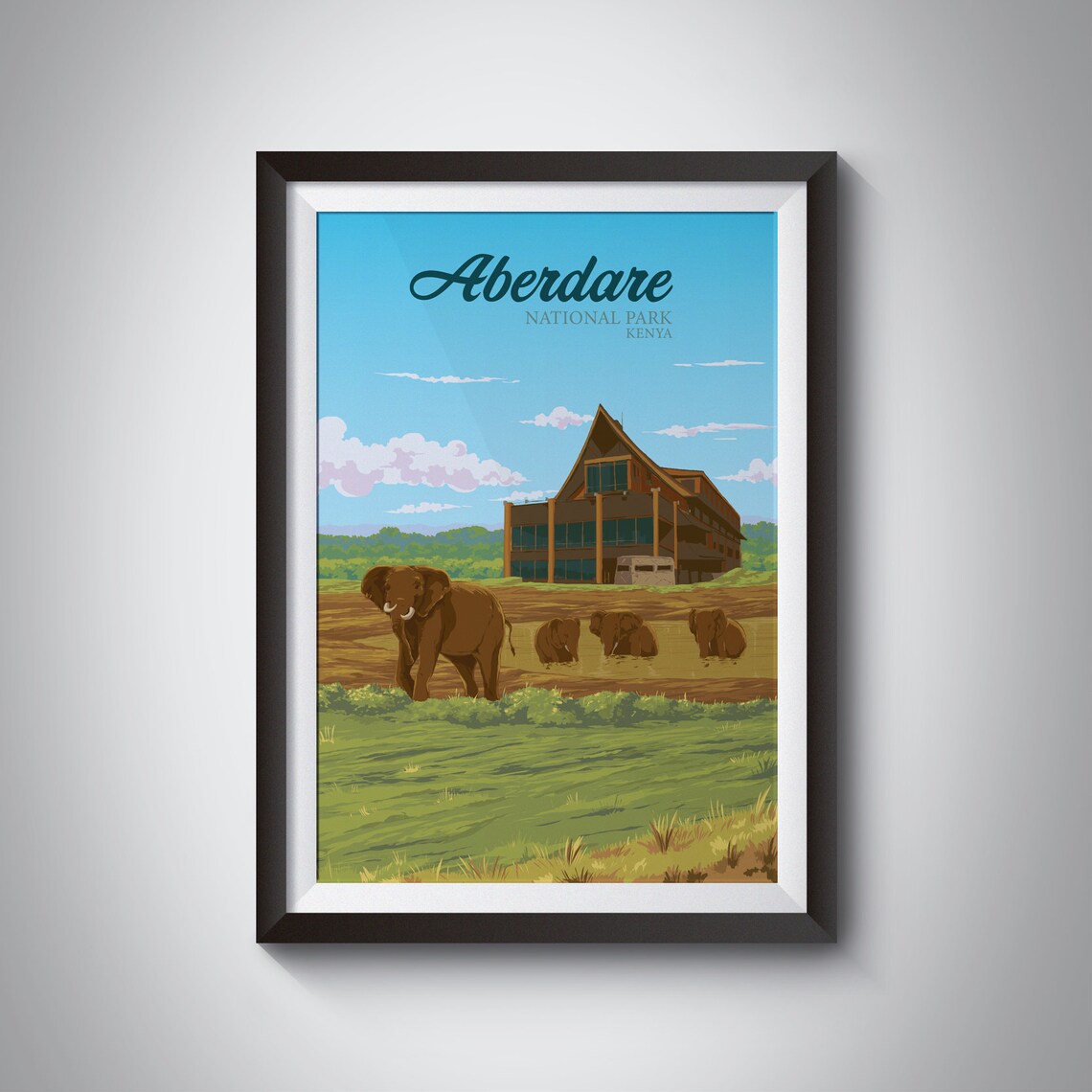 Aberdare National Park Vintage Travel Poster, Elephants
