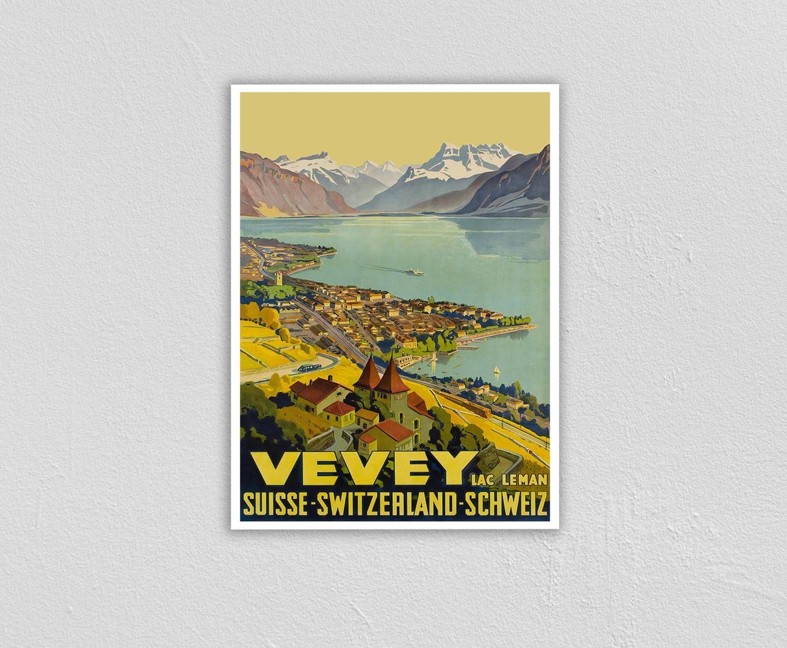 Vevey Switzerland Vintage Lake Geneva Alps Travel Art Poster - Image 2