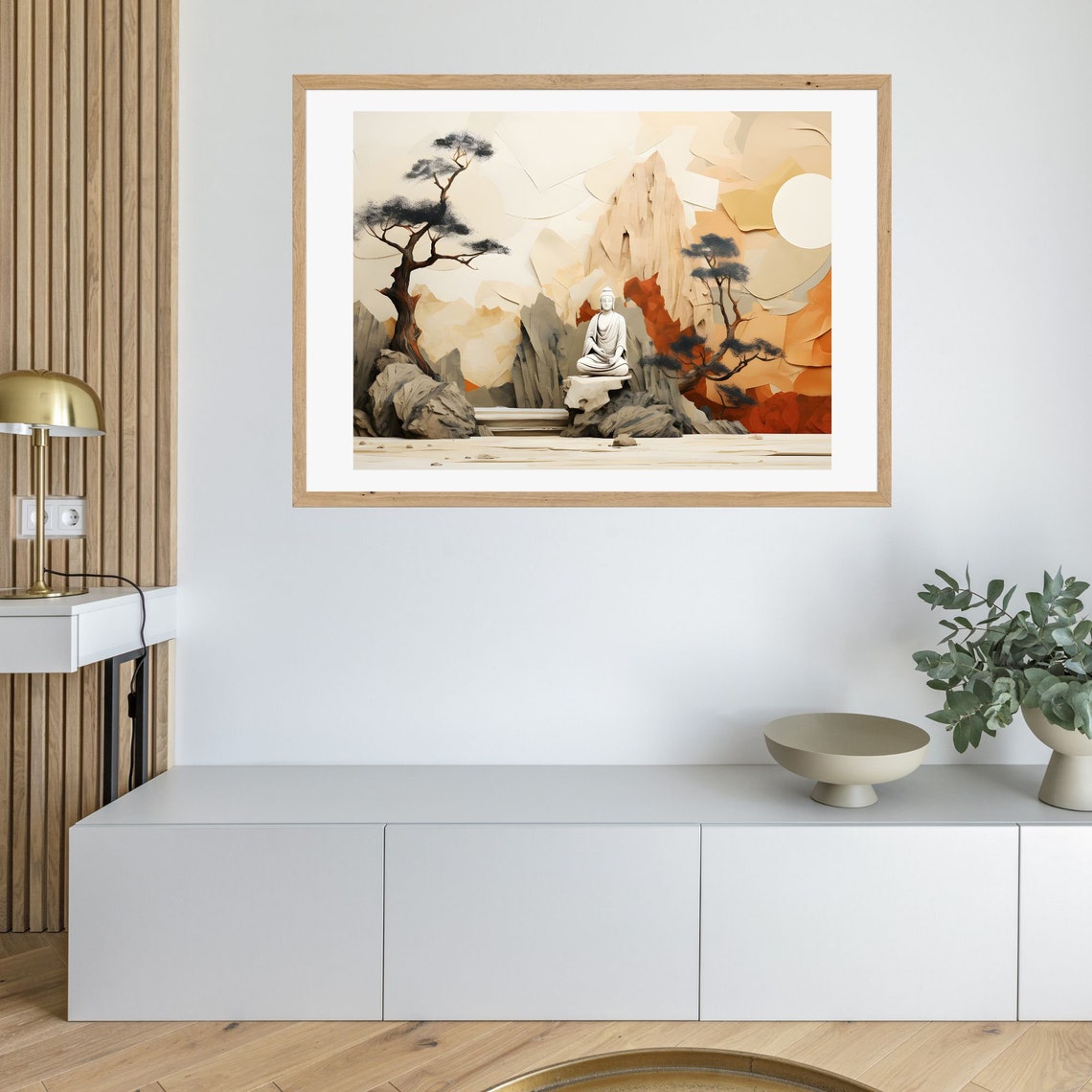 White Buddha Statue in a Paper-Cut Mountain Garden Scene Poster - Image 3