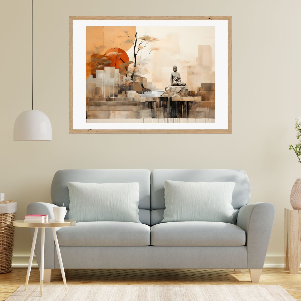 Abstract Buddha Statue on Rock at Golden Geometric Sunset Poster - Image 2