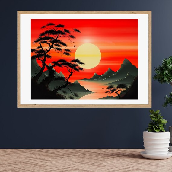 Giant Red Sun Rising Over Asian Mountains and a Still Lake Poster