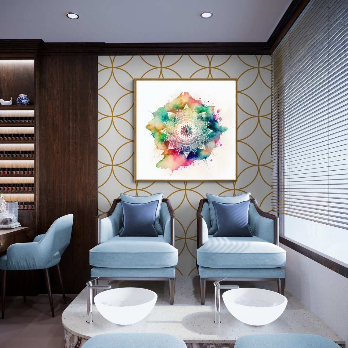 Rainbow Watercolor Mandala with Pink Green Blue Splash Poster - Image 2