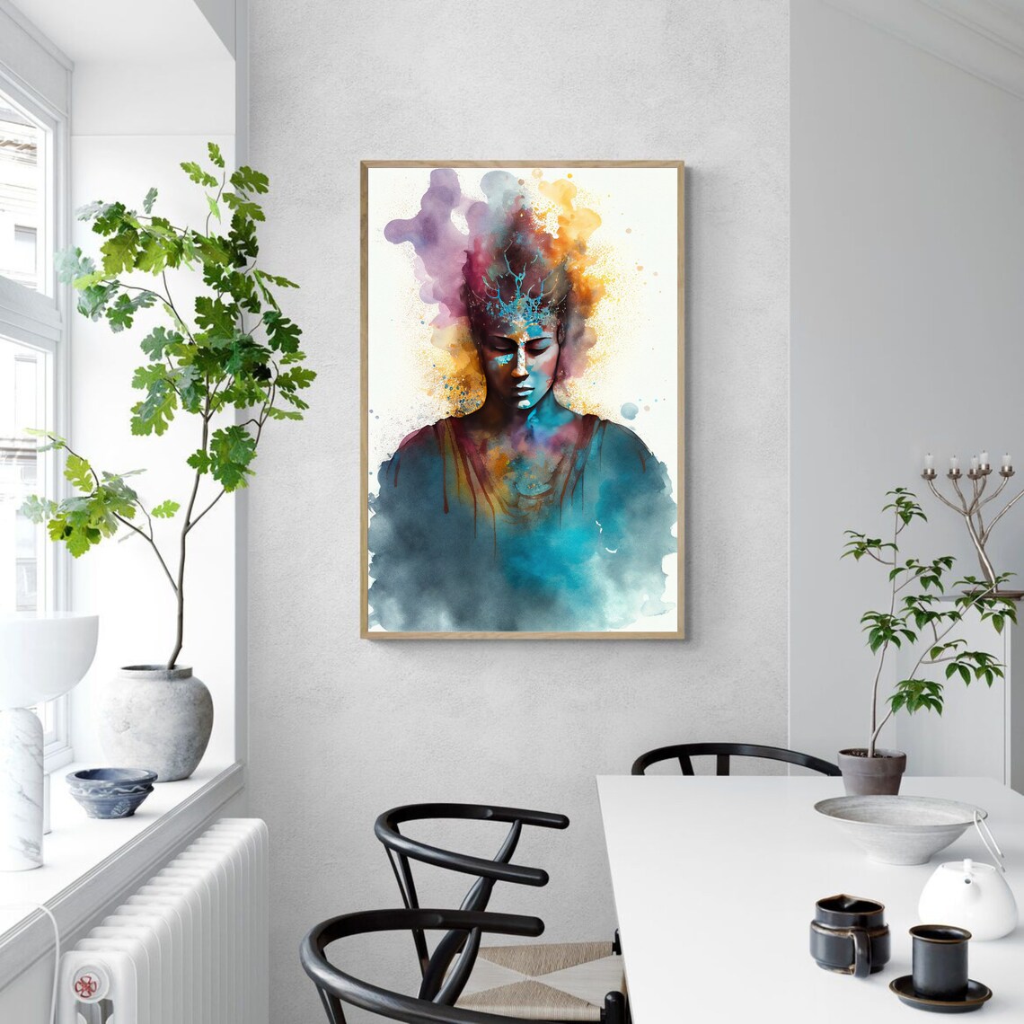 Woman in Deep Meditation with a Multicolor Watercolor Aura Poster - Image 3