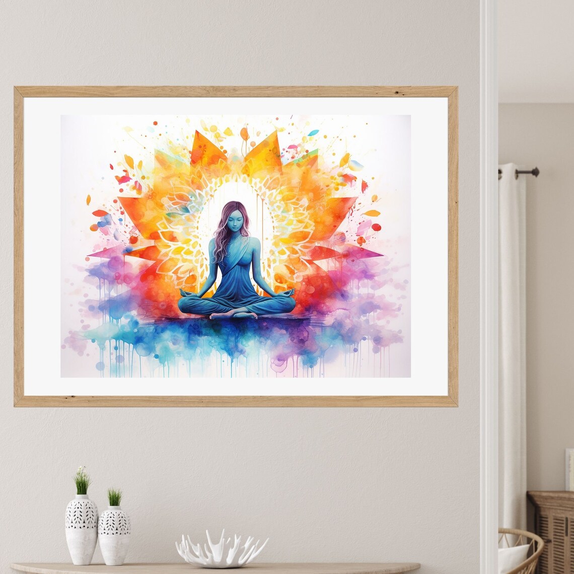 Meditating Woman Colorful Watercolor Chakra Aura Spiritual Yoga Poster