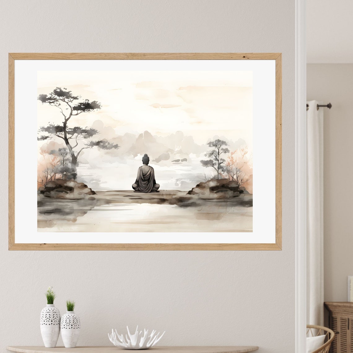 Monk Meditating by Misty Lake in Soft Watercolor Zen Wall Art