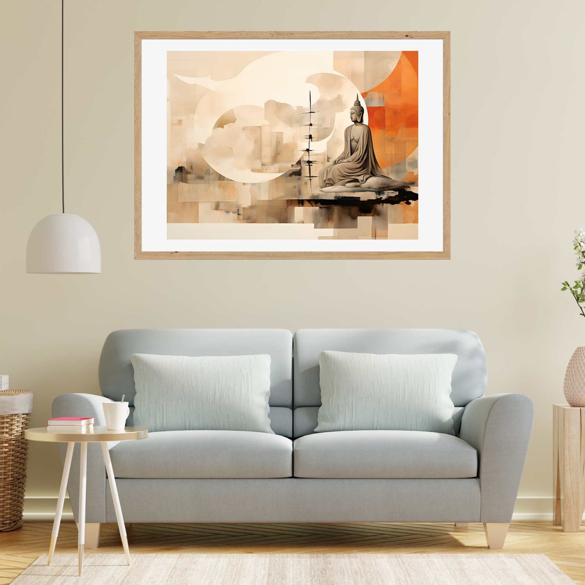 Buddha Meditating Beneath a Giant Cream Moon in Abstract Orange Poster - Image 2