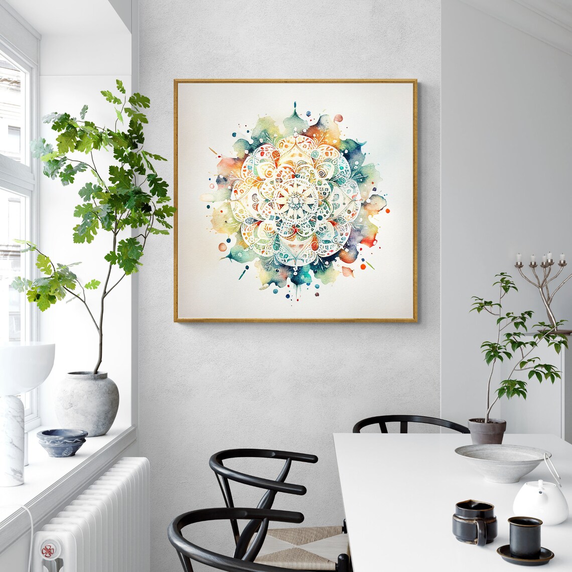 Teal and Orange Watercolor Splash Mandala Painting Art Poster - Image 3