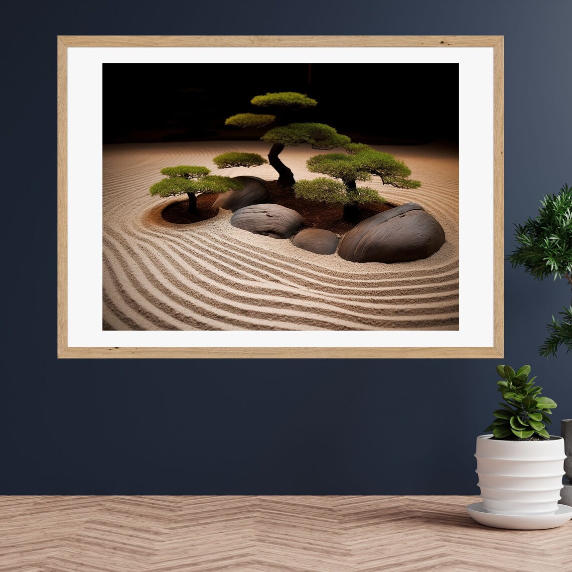 Bonsai Trees and Stones in a Raked Sand Zen Garden Scene Poster - Image 2