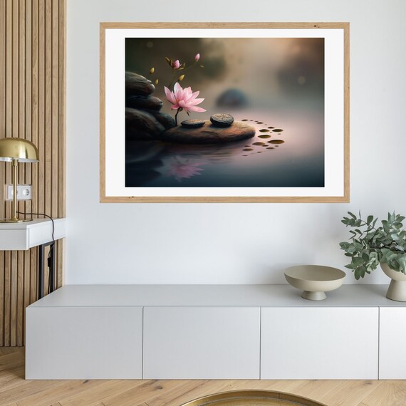 Pink Lotus on Water Beside Zen Stones Misty Meditation Wall Art
