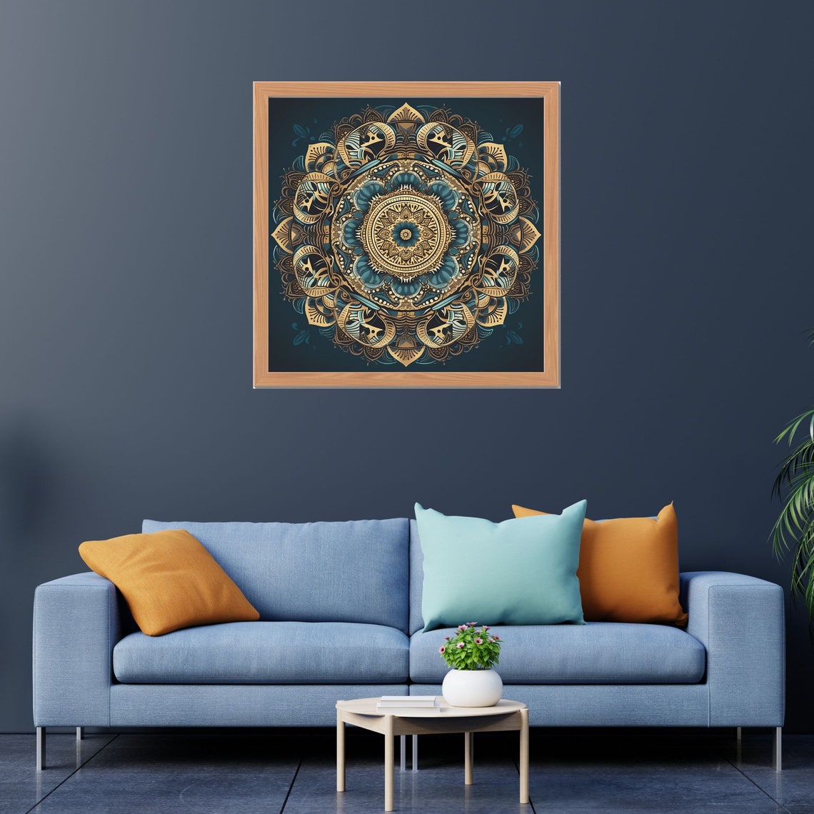 Gold and Teal Ornate Mandala Navy Background Meditation Wall Art - Image 3