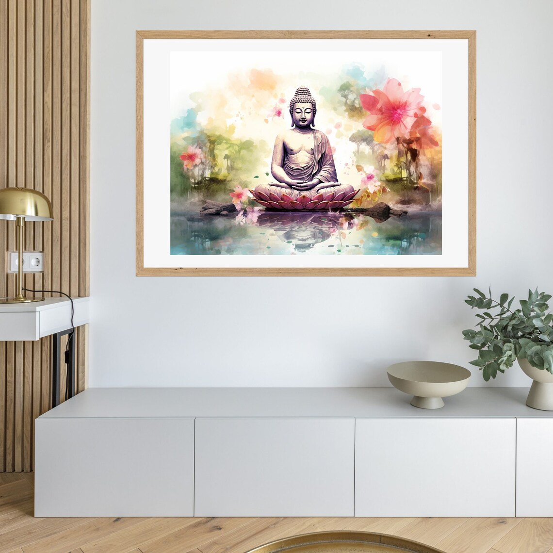 Serene Watercolor Buddha Meditating on Lotus Over Water Poster - Image 2