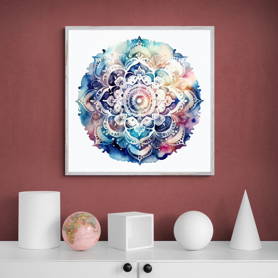 Blue and Pink Watercolor Mandala on a Clean White Background Poster