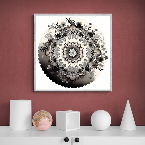 Black and White Botanical Mandala with a Scalloped Edge Poster