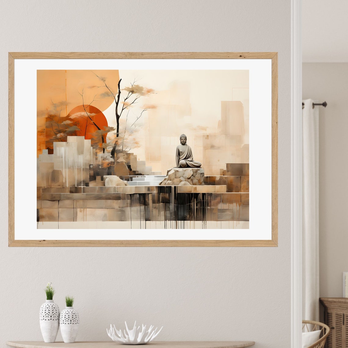 Abstract Buddha Statue on Rock at Golden Geometric Sunset Poster