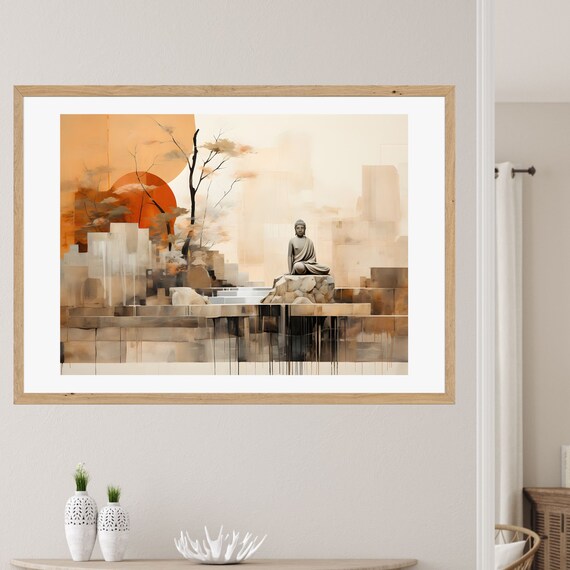 Abstract Buddha Statue on Rock at Golden Geometric Sunset Poster