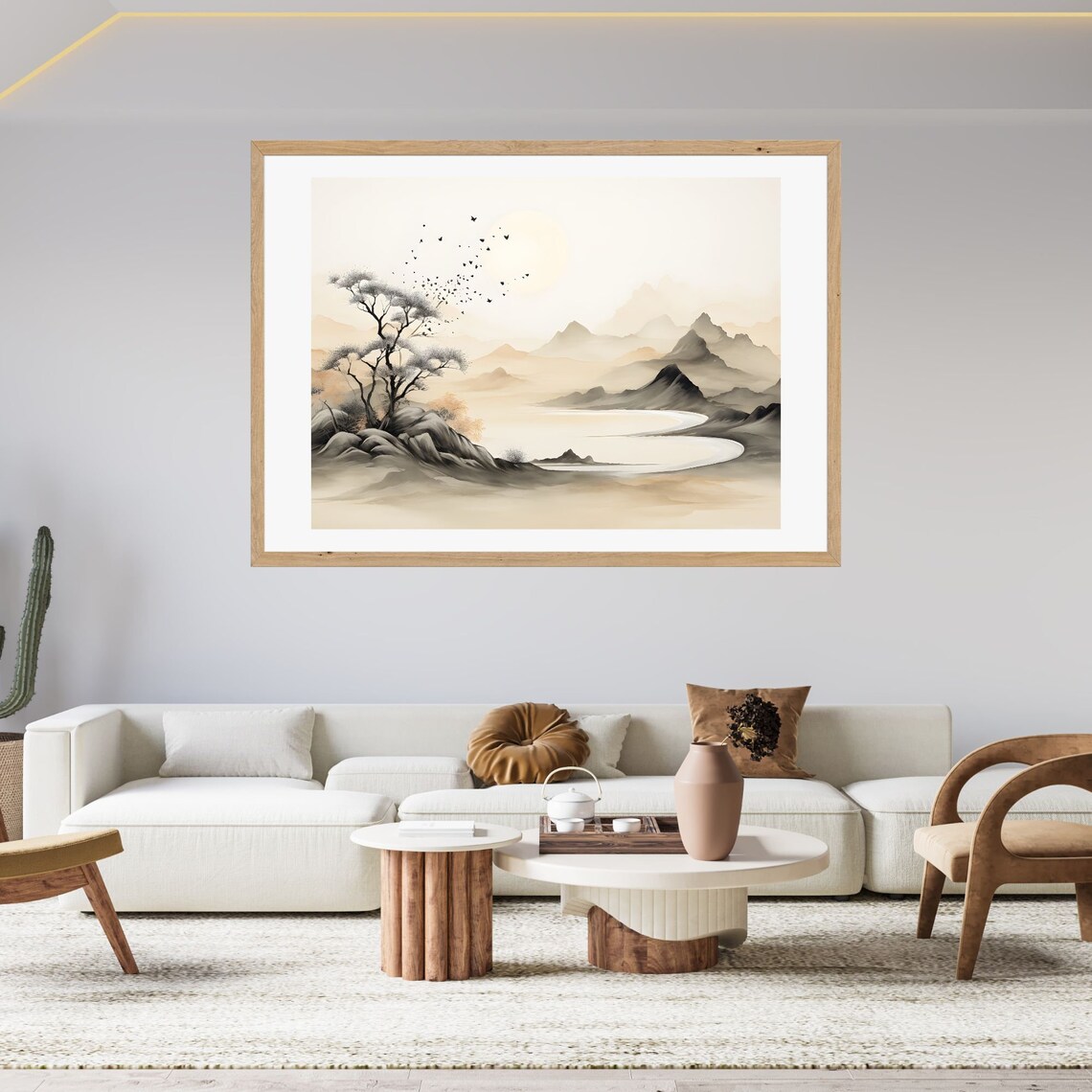 Misty Asian Ink Wash Landscape with Mountains and Lake Poster - Image 2