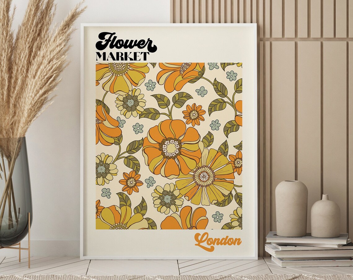 London Flower Market Retro 70s Bold Orange Floral Pattern Poster - Image 3