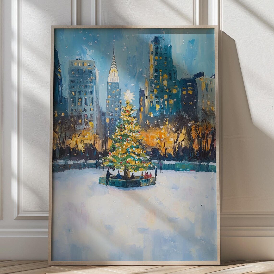 Christmas Tree At City Ice Rink With Skyscrapers Winter Poster