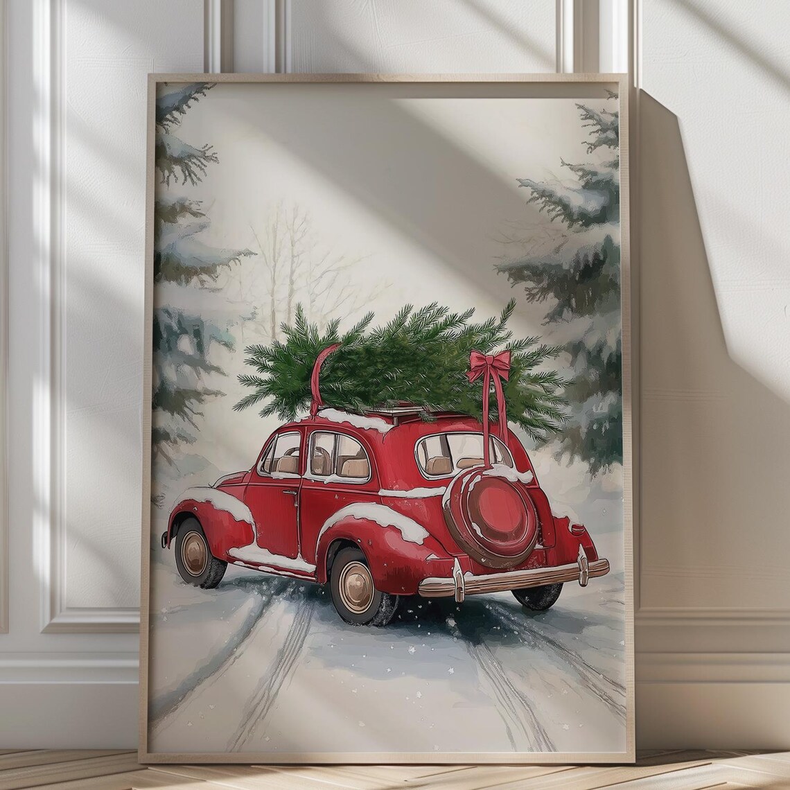 Vintage Red Car Carrying Christmas Tree in Snow Holiday Poster