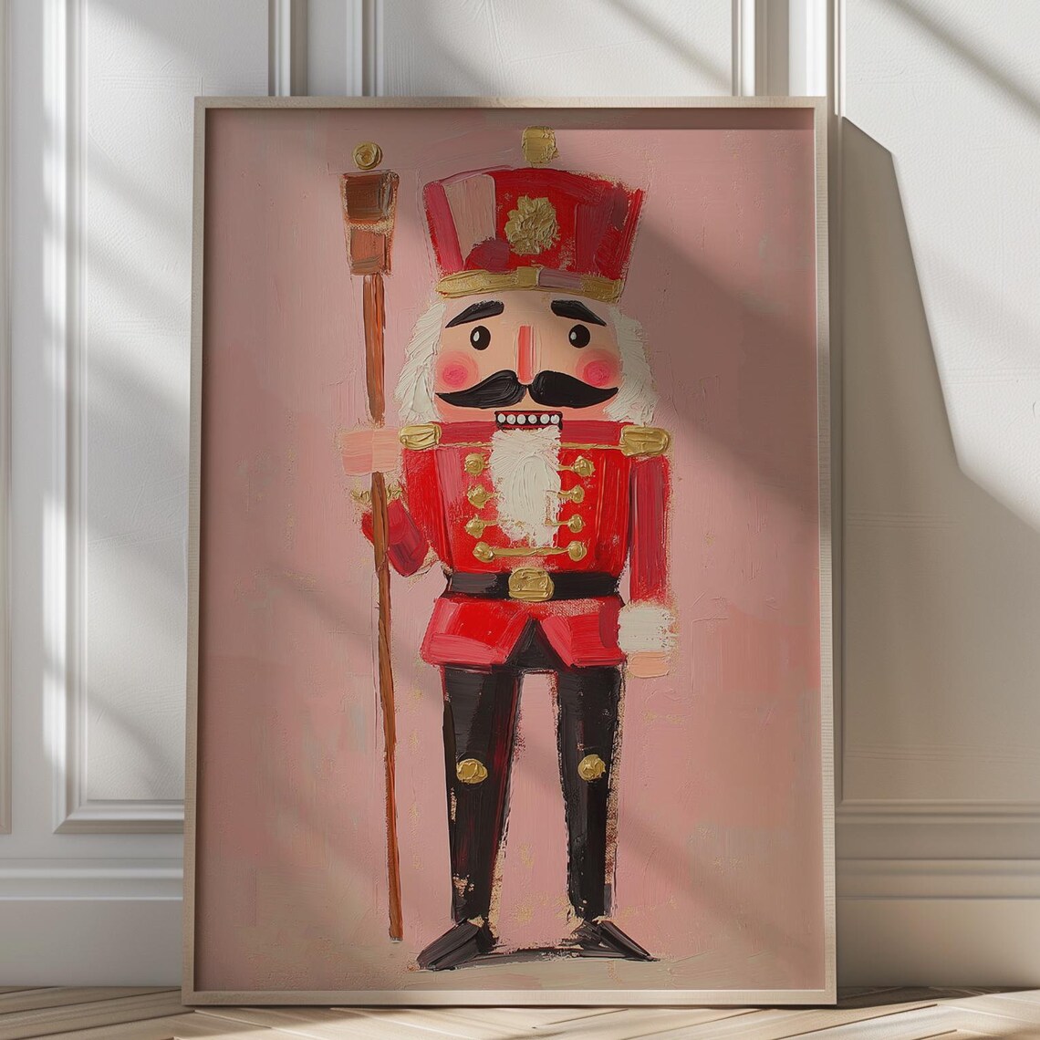 Red Nutcracker Soldier With Wooden Staff On Pink Folk Art Poster